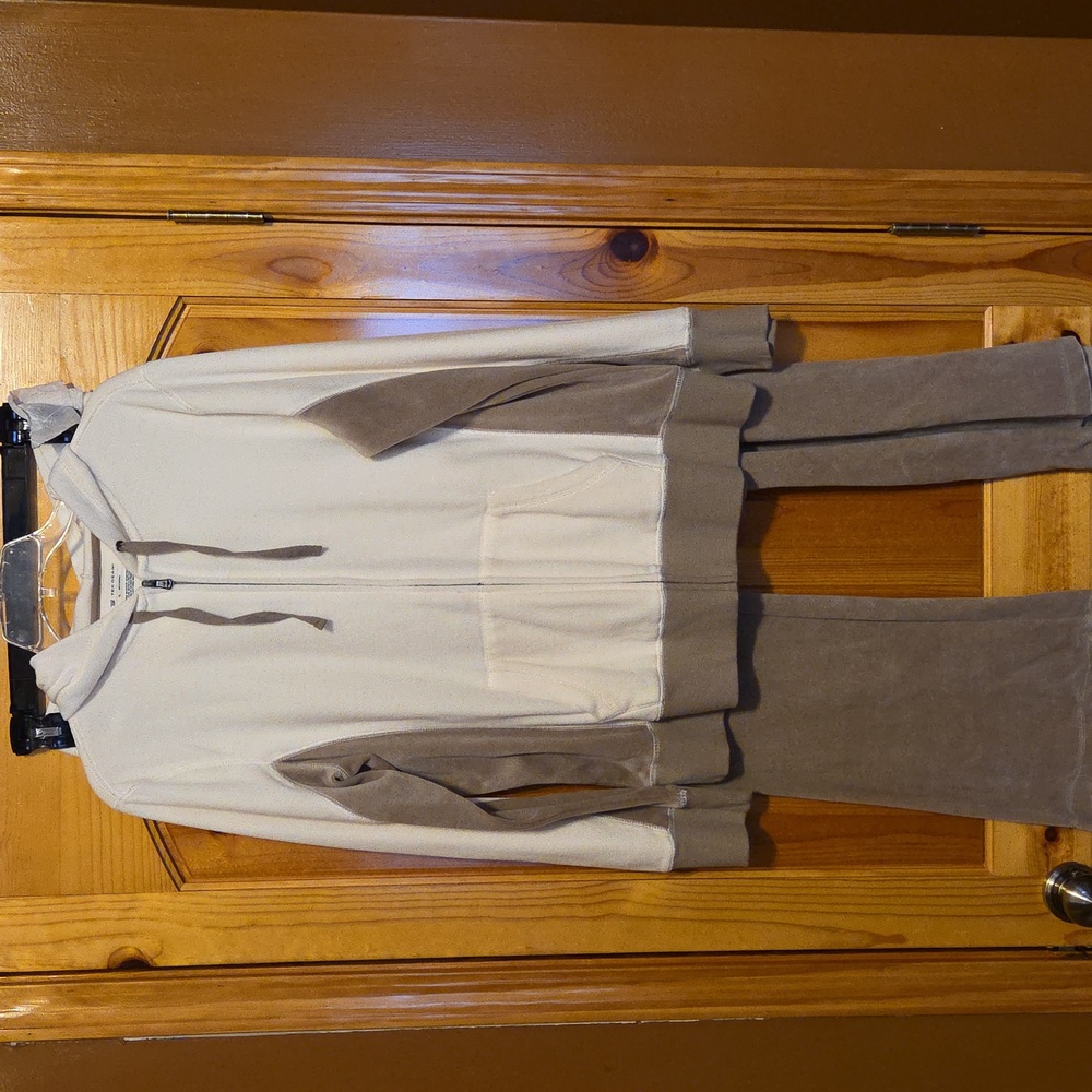 Womens 2pc TEK GEAR Tracksuit Ivory Brown Velour XL Hoodie Jacket L Tall Pants